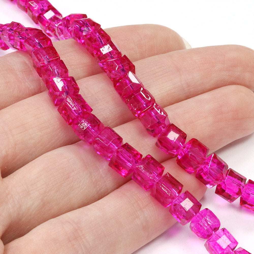 Glass Cube Bright Pink 6mm - 1 string