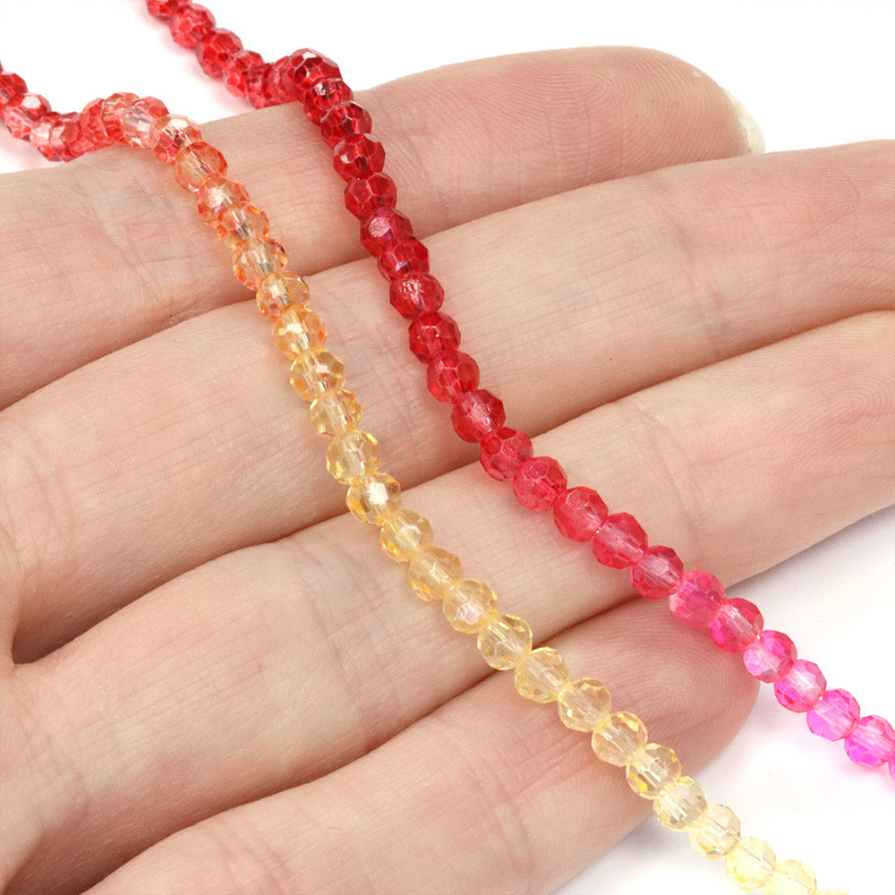 Crystal Faceted 3mm Round Beads - Red to Yellow - 1 String