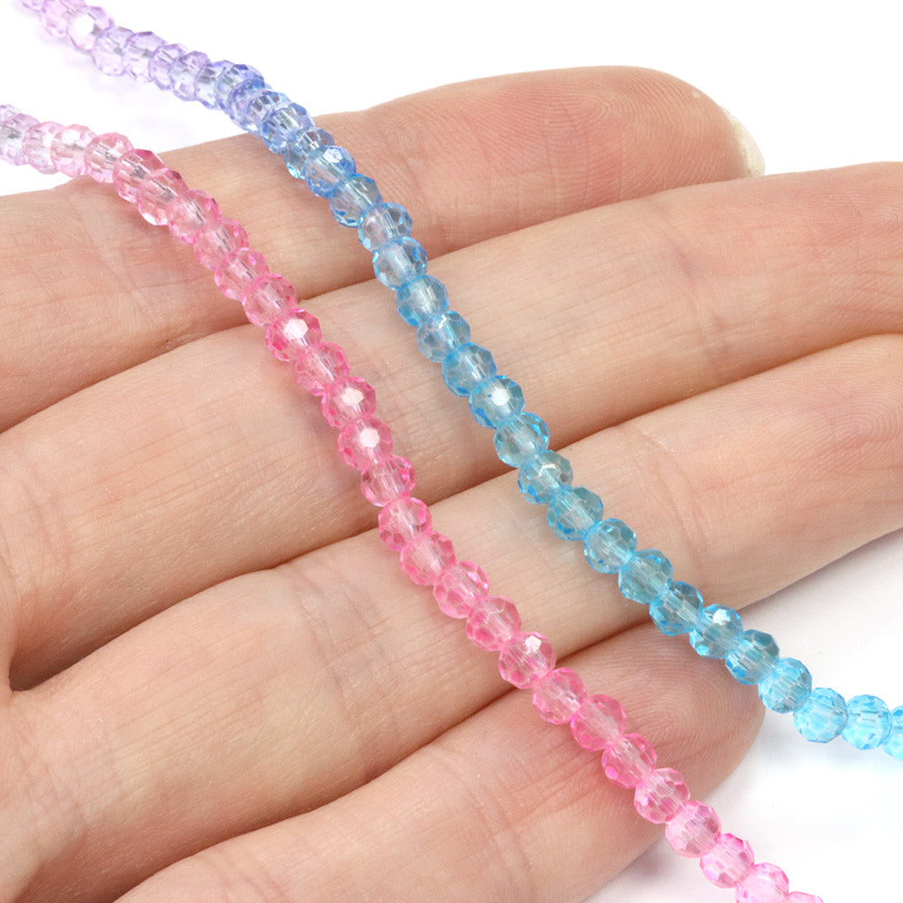 Crystal Faceted 3mm Round Beads - Pink to Blue - 1 string